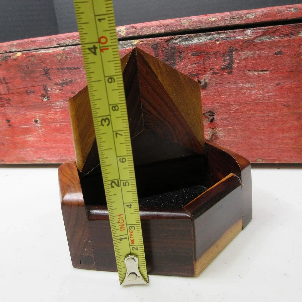Vintage Geometric Wood Trinket Box Dark Light Brown Octagon Shape Felt Lined